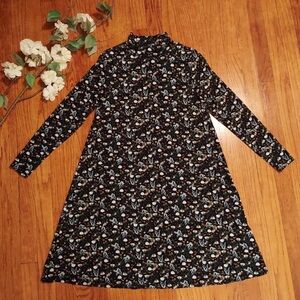 Ann Taylor LOFT Rabbit Fox Floral Print Mock Neck Long Sleeve Swing Midi Dress L